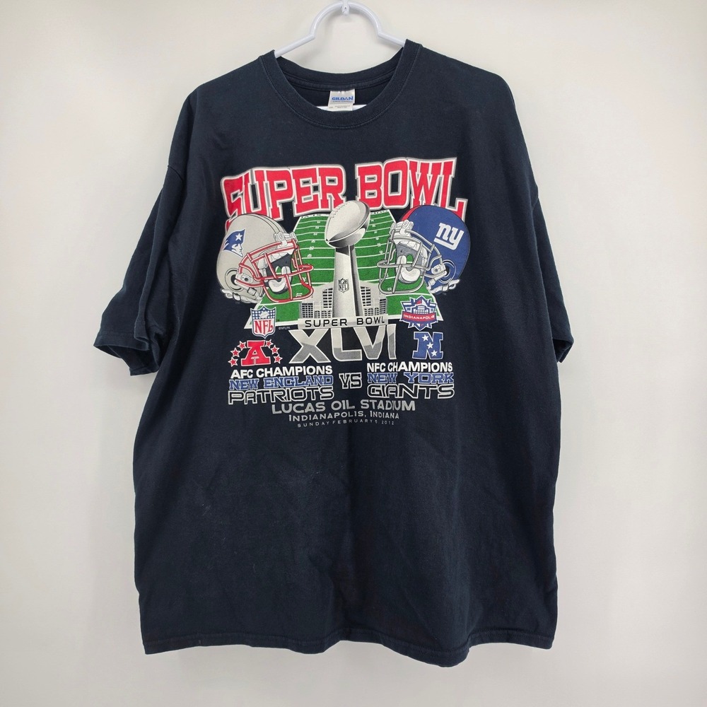 Vintage Super Bowl XLVI T Shirt 2012 Patriots vs Giants NFL Gildan Navy Mens 2XL